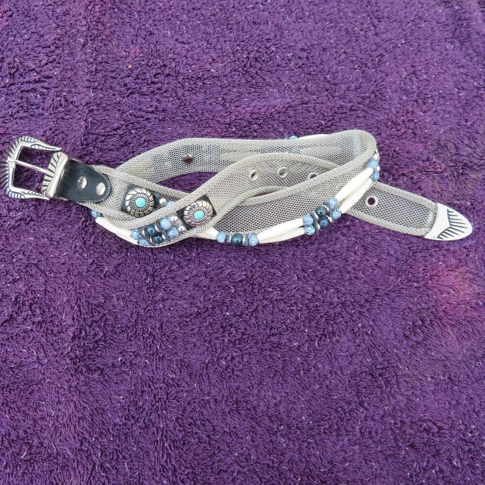 Western Native American Style Mesh Beaded Silver Tone Belt Size S